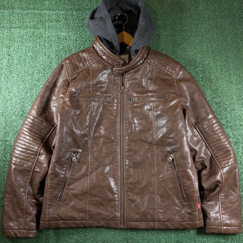 Levi's Faux Leather Jacket Men Large Brown Fair Hooded Moto Ribbed Pockets